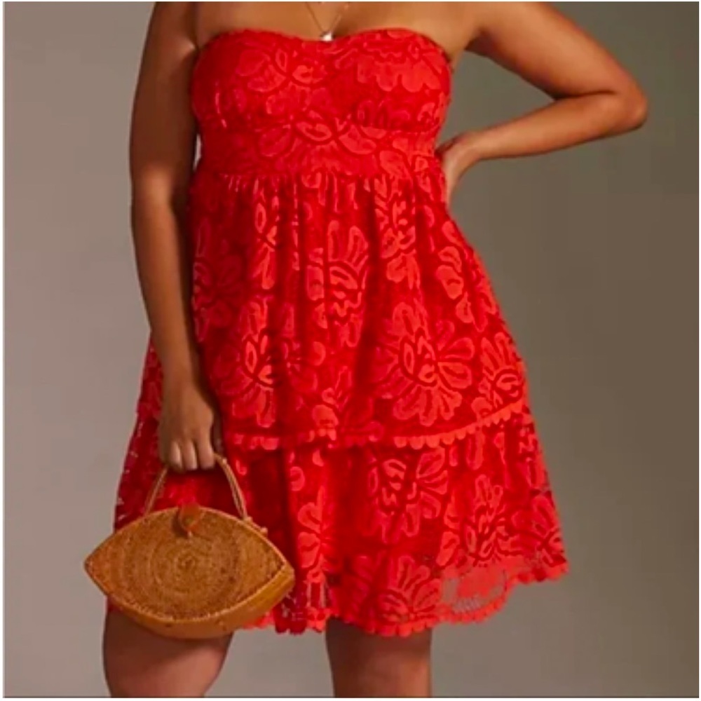 Anthropologie Maeve NWT Red Strapless Lace Tiered Mini Dress Size 3X